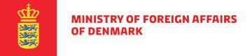 Red and white banner with the Ministry of Foreign Affairs of Denmark's logo and text.