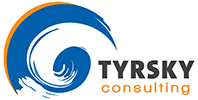 Logo with a blue wave design and orange outline, alongside the text "TYRSKY consulting.