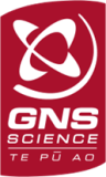 Logo of GNS Science featuring a white atomic symbol and text on a red background.