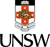 UNSW logo featuring a crest with a lion, a cross, and four stars. The Latin motto "Corde Manu et Mente" is below, with "UNSW" written beneath in large letters.