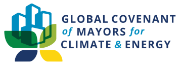 Logo of the Global Covenant of Mayors for Climate & Energy, featuring stylized blue buildings with green, yellow, and blue shapes below.