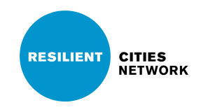 Blue circular logo with "Resilient" written in white on the blue half with black text "Cities Network" written to its right 