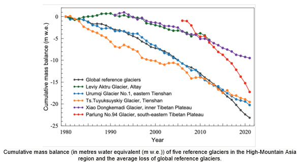 Cumulative mass balance of 5 glaciers in the High-Mountain Asia region 