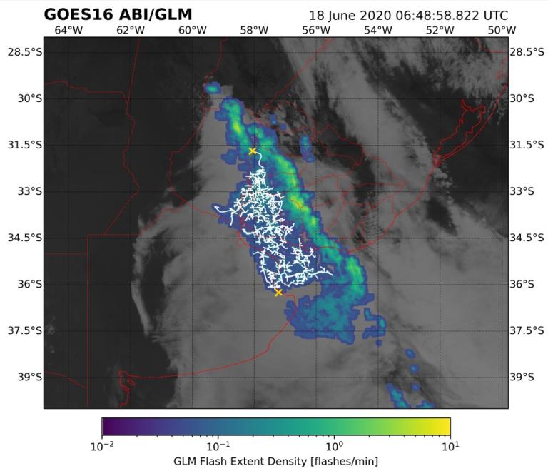 Satellite image of record duration of lightning flash 