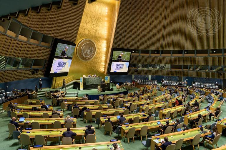 A wide view of the General Assembly Hall at UN headquarters.