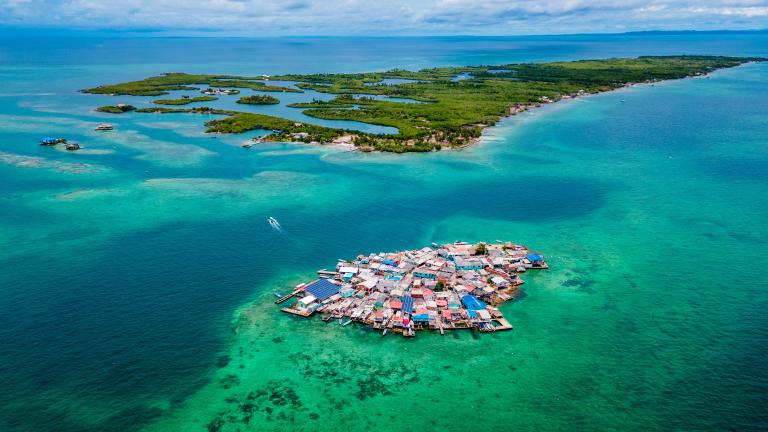 An aerial view of a small island in the ocean.