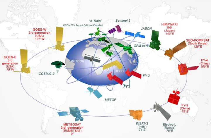 A map showing satellites around the world.