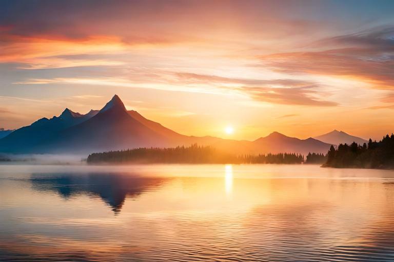 Sunrise over a lake with mountains in the background.