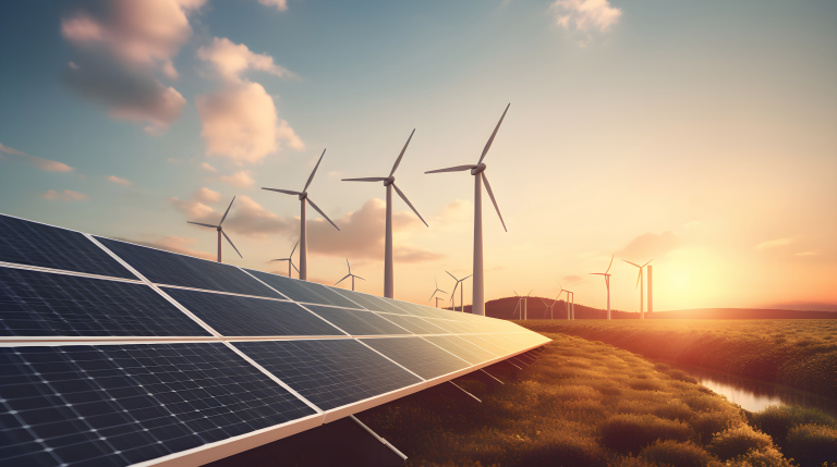 Solar panels in the foreground and wind turbines in the background with the sun setting on the horizon.