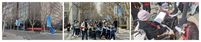 A series of images showing an outdoor setting with bare trees and banners, a group of schoolchildren gathered for an activity, and people engaged in a discussion or transaction at an outdoor table.