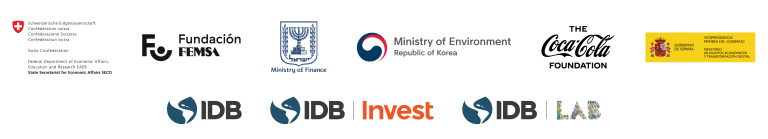 Row of various organization logos, including fundación eroski, ministry of environment republic of korea, the coca-cola foundation, and several idb (inter-american development bank) logos.