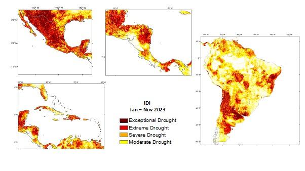 A set of maps showing drought intensity levels across various regions for january to november 2023, color-coded to indicate extreme, severe, and moderate drought conditions.