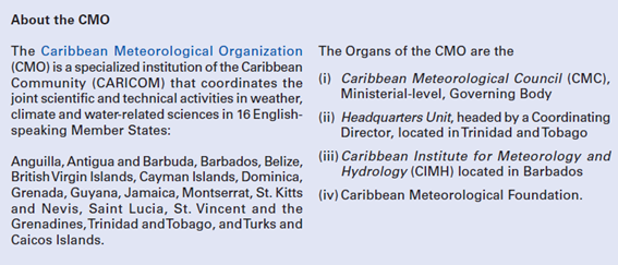 Text describing the Caribbean Meteorological Organization (CMO), its roles, and the member states involved. The CMO includes four primary organs located in multiple Caribbean countries.