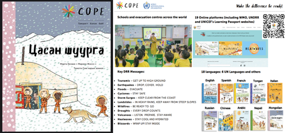 A collage featuring a disaster preparedness book cover in Mongolian, a classroom scene, and a list of key disaster risk reduction messages in 18 languages. The title reads "COPE.