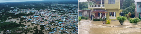 Aerial view of a flooded town on the left and a house with waterlogged surroundings on the right, with visible water damage and people observing the scene.