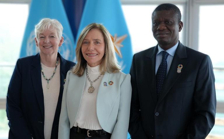 Three individuals are standing and smiling in front of two blue flags featuring orange eight-pointed stars.