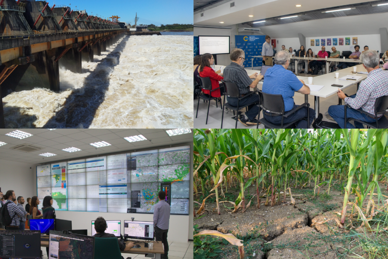 A collage showing four scenes: a dam with water flowing, people in a meeting, a room with multiple monitors displaying data, and a dry field with cracks in the soil and corn plants.