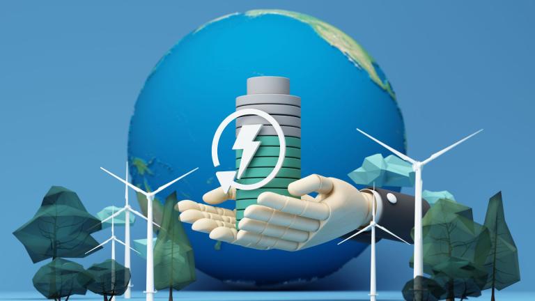 A robotic hand holds a battery with a recycling symbol against a backdrop of a globe, wind turbines, and trees, symbolizing sustainable energy and environmental conservation.