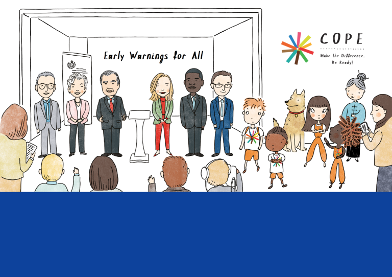 Illustration of a group of people on stage with a sign reading "Early Warnings for All" and the COPE logo in the corner. People in the audience are taking pictures and observing.