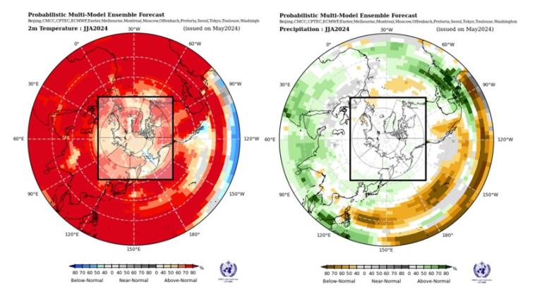 Side-by-side probabilistic multi-model ensemble forecasts for January 2024. Left: 2m temperature anomaly with red indicating above-normal temperatures. Right: Precipitation anomaly with green indicating above-normal precipitation.