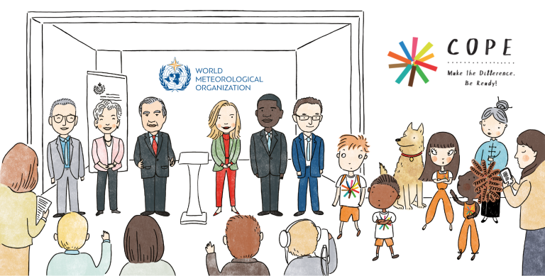 Illustration of a diverse group of adults on stage at a World Meteorological Organization event, with children and media in the foreground, and a COPE logo with the phrase "Make the Difference. Be Ready!.