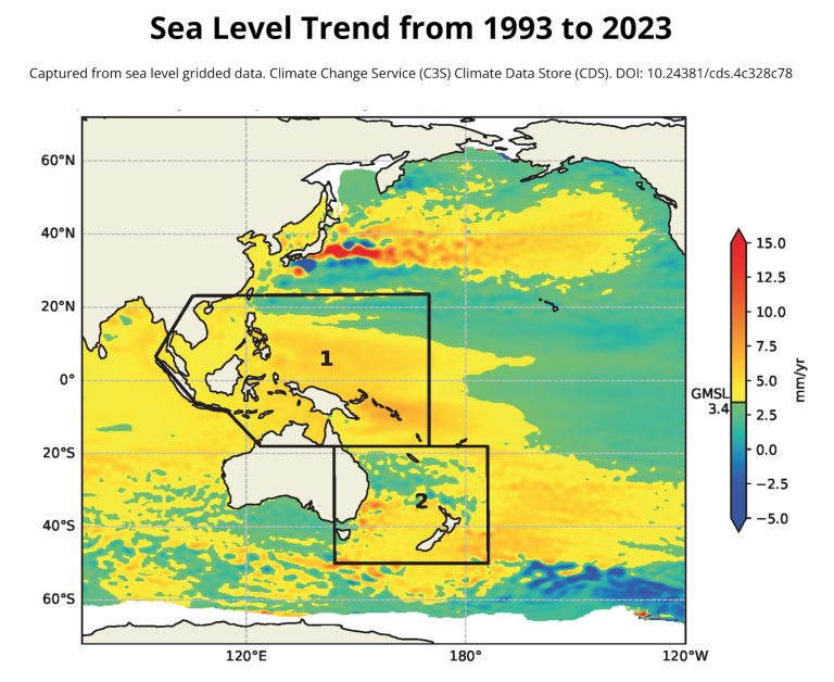 Map showing sea level trends from 1993 to 2023. It highlights areas with rising and falling sea levels in the Pacific and Indian Oceans with a color scale indicating rates of change in mm/yr.