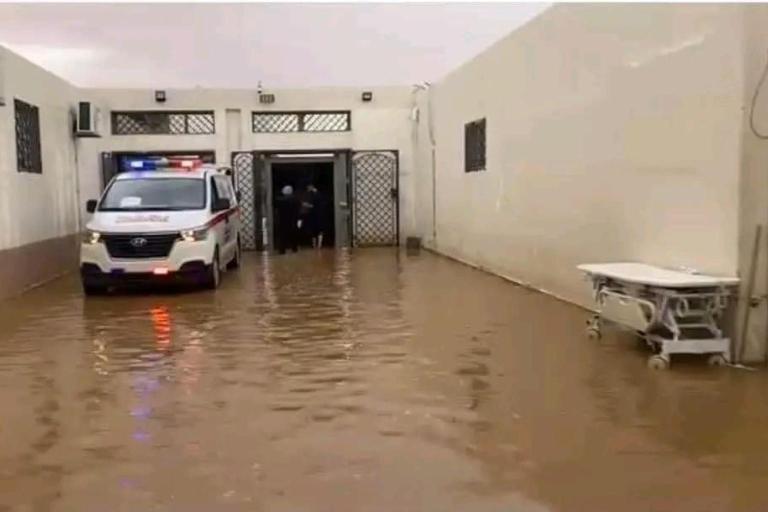 Ambulance with flashing lights is parked in a flooded area near a building entrance, with hospital gurney on the side. Water covers the entire ground area.