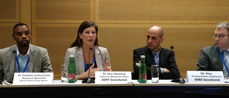 Four professionals seated at a panel discussion. The nameplates in front of them read (from left to right): Dr. Vedaste Iyabaremye, Dr. Ana Heureux, and Nir Stav. Water bottles and microphones are on the table.