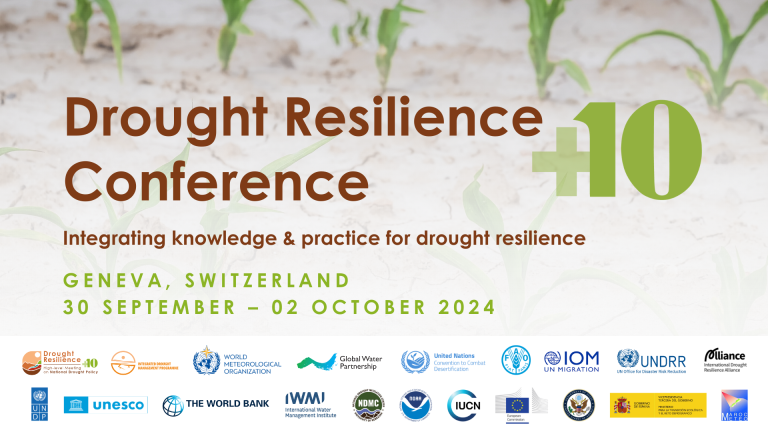 Banner for the "Drought Resilience Conference +10" taking place in Geneva, Switzerland from September 30 to October 2, 2024. Various organizational logos are displayed at the bottom.