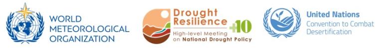 Logos of the World Meteorological Organization, Drought Resilience High-Level Meeting on National Drought Policy, and United Nations Convention to Combat Desertification.