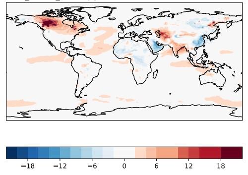 A world map shows temperature anomalies using a color gradient, with red indicating warmer and blue for colder deviations from average temperatures. North America and parts of Eurasia display significant warm anomalies.