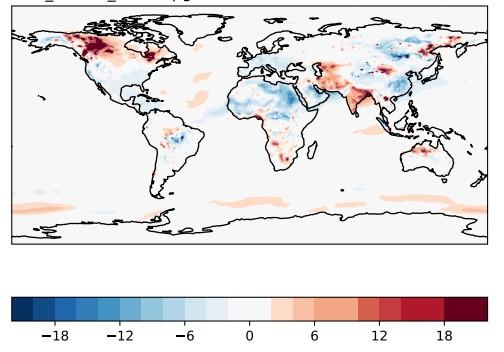 World map displaying temperature anomalies with colder regions in blue and warmer regions in red, depicting changes ranging from -18 to +18 degrees Celsius.