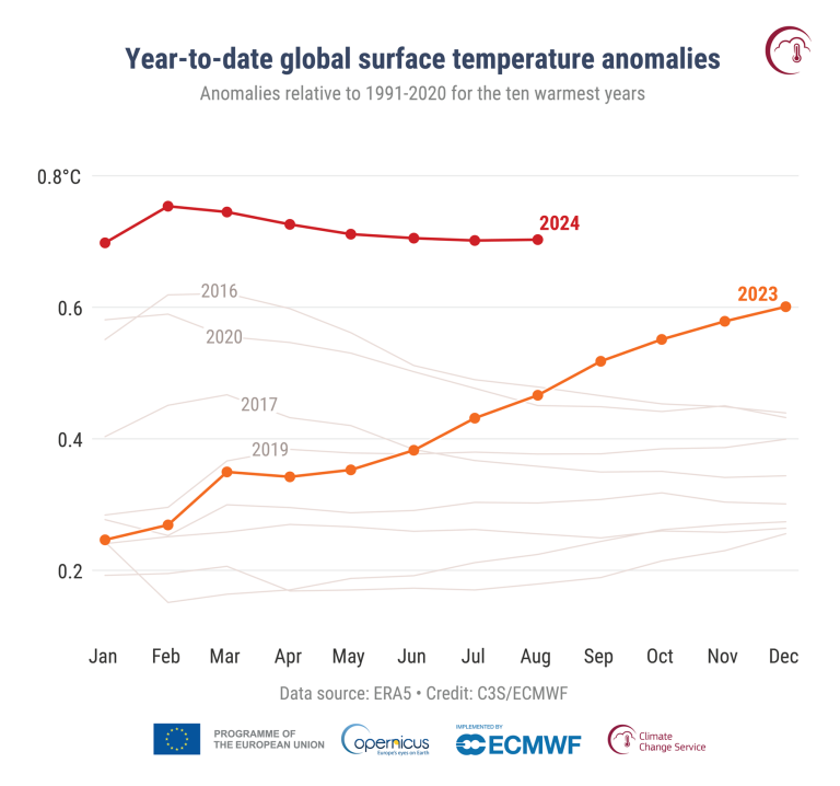 Line chart showing year-to-date global surface temperature anomalies from 2016 to 2024, with 2023 and 2024 reaching higher anomalies. Data sources mentioned are ERA5, C3S/ECMWF, and others.