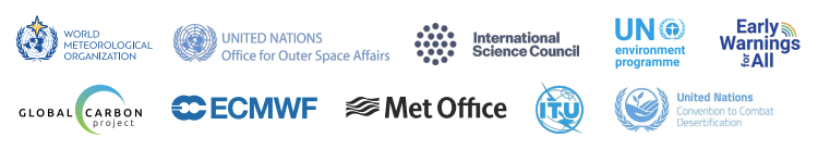 Logos of various organizations: World Meteorological Organization, UN Office for Outer Space Affairs, International Science Council, UNEP, Early Warnings for All, Global Carbon Project, ECMWF, Met Office, ITU, and UNCCD.