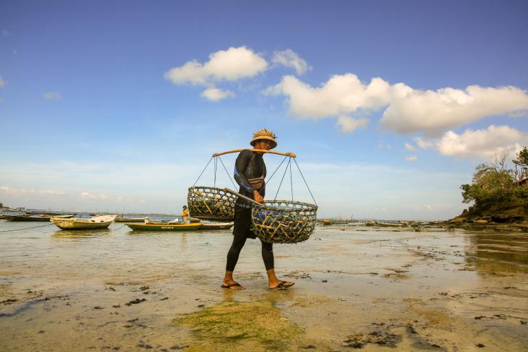 A person wearing a hat carries two baskets on a pole over their shoulder while walking on a beach during low tide, with boats and sea in the background.