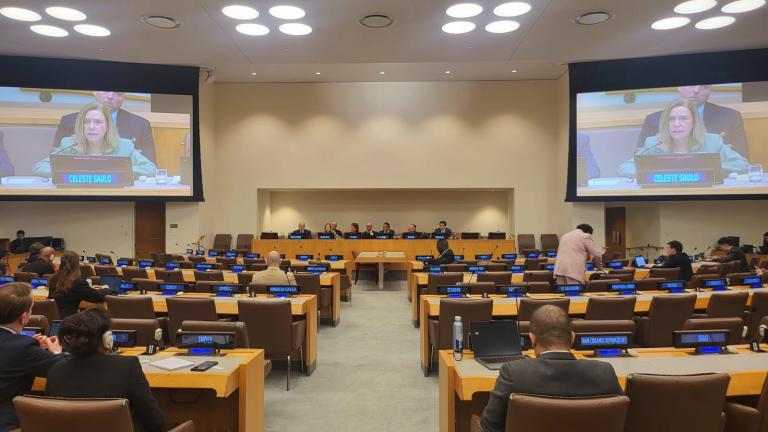 A conference room with individuals seated at desks facing a panel. Two large screens display the panelists, specifically highlighting a woman speaking labeled "CELESTE SAULO".