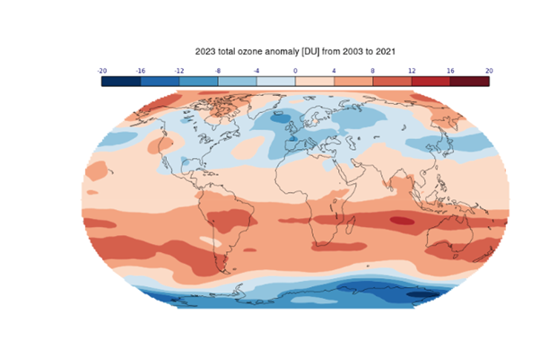 Global map depicting ozone anomalies for 2023, with regions colored to show deviations in Dobson Units (DU) from 2003-2021 averages. Red indicates higher ozone levels; blue indicates lower levels.