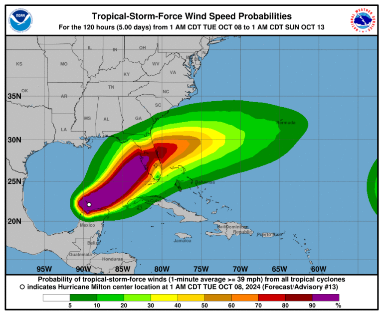 Map showing tropical storm-force wind speed probabilities for the Gulf Coast and southeastern U.S., with color-coded risk zones from low (green) to high (purple) over five days in October 2024.