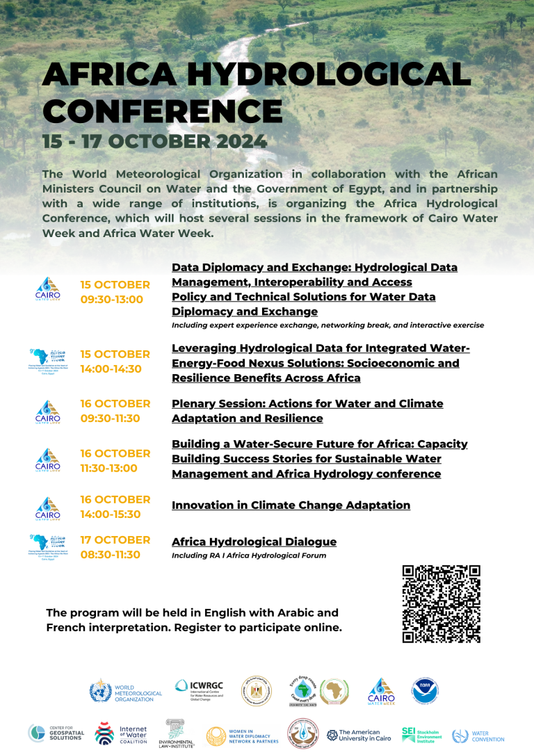 Promotional poster for the Africa Hydrological Conference, detailing event description, topics, dates, and location in Cairo, Egypt, from October 15-17, 2024. Logos of partner organizations included.