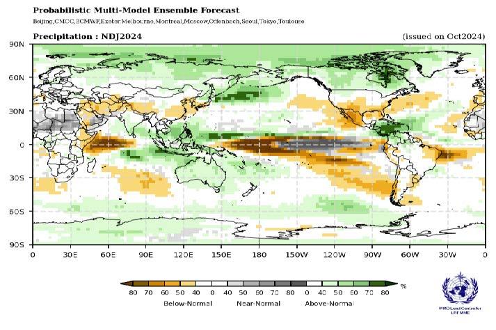 World map displaying a probabilistic multi-model ensemble forecast for precipitation, NDJ 2024. Color gradients indicate below-normal, near-normal, and above-normal precipitation regions.