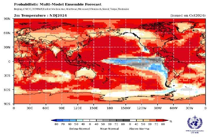 World map showing temperature anomalies for Nov-Dec-Jan 2024, with varying shades of red indicating above-normal temperatures and blue for below-normal.