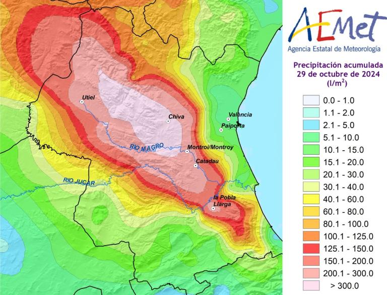 Weather map showing precipitation levels in eastern Spain on October 29, 2024, with red indicating the highest levels and green the lowest.