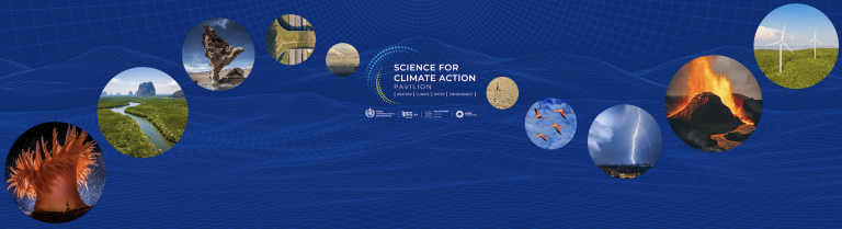 A blue banner with "Science for Climate Action Pavilion" in the center, surrounded by circular images of nature, energy, and climate scenes.