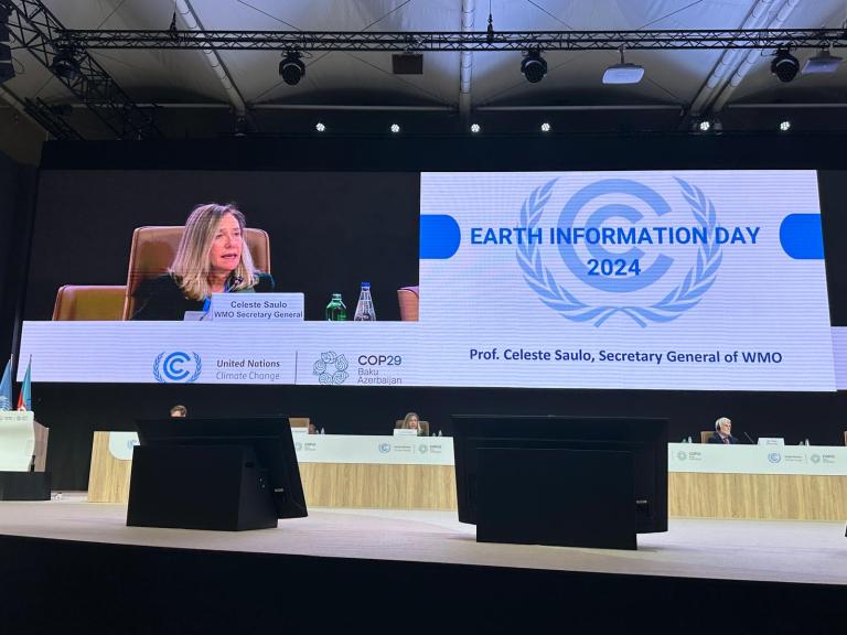 Prof. Celeste Saulo speaks at a conference on Earth Information Day 2024, with a large display screen behind her showing the event details and WMO logo.