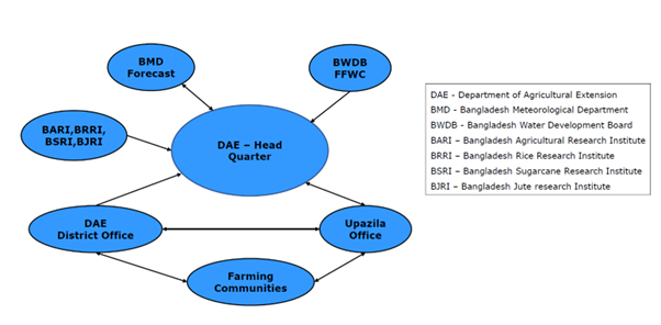 Flowchart showing relationships between DAE Head Quarter, DAE District Office, Upazila Office, and other entities such as BMD, BWDB, and various research institutes.