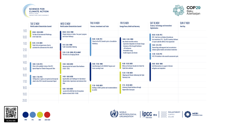 Event schedule for "Science for Climate Action," detailing sessions on November 12-17, with time slots and topics. Event logos and QR code are at the bottom.