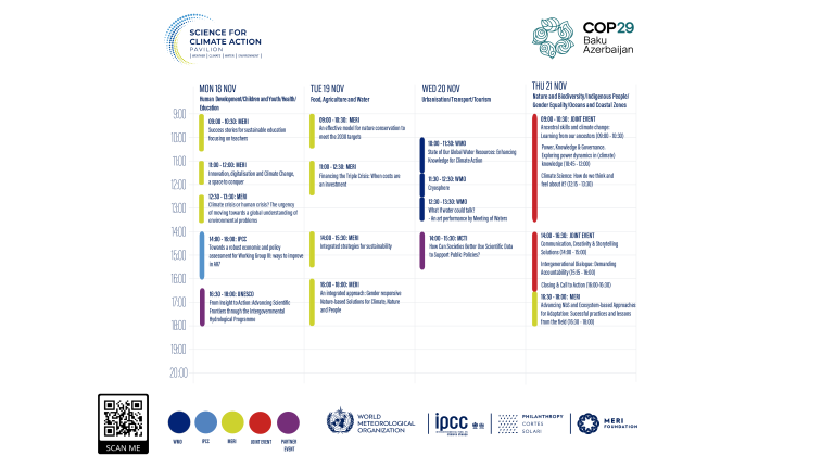 Infographic showing schedule for a climate action conference from November 13 to 16, 2023, in Baku, Azerbaijan. Each day outlines specific events and times, with QR code included.