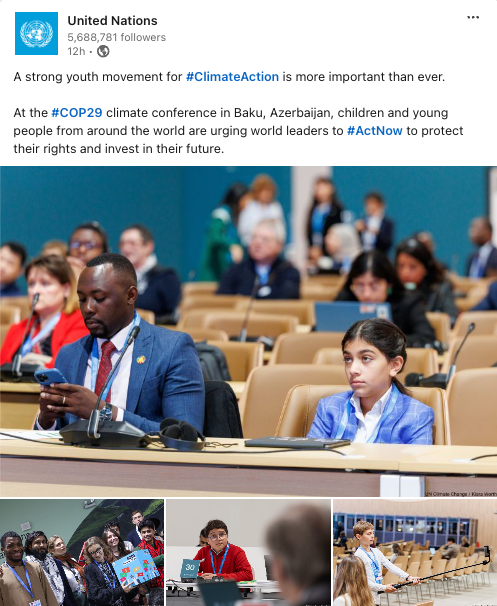 People attending the COP29 climate conference in Baku. Delegates, including young individuals, are seated and listening to proceedings.