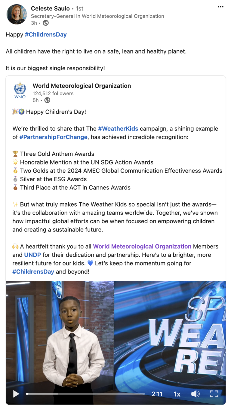 A Facebook post by a World Meteorological Organization official announces "Happy Children's Day" and discusses the success of The WeatherKids campaign.