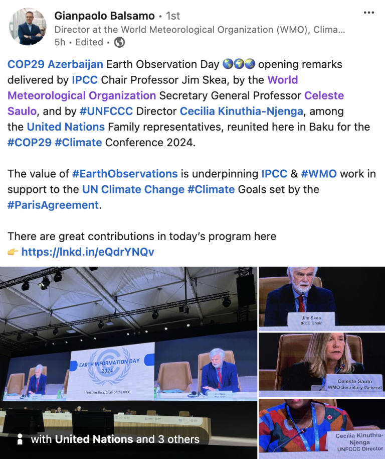 A man speaks at a podium with "Earth Observation Day" on screens behind him. A banner reads "Climate & Weather," and several people are seated at a table. Text about the UN and climate events is overlaid.